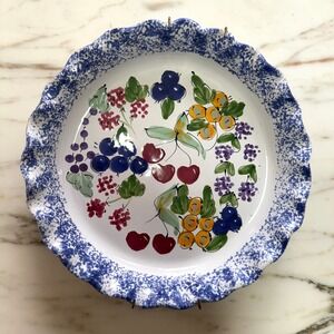 Vintage Hand Painted Mediterranean Style Fruit Pie Dish 10" Wall Decor w Hanger